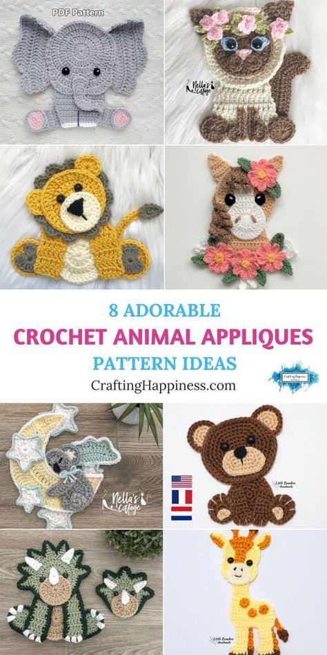 This collection of crochet animal appliques is perfect for baby blankets, pillows, and baby outfits. Patterns curated by Crafting Happiness. Crochet Animal Applique, Elephant Pumpkin, Football Crochet, Crochet Butterfly Free Pattern, Applique Patterns Free, Crochet Applique Patterns, Pumpkin For Halloween, Crochet Project Free, Crochet Applique Patterns Free