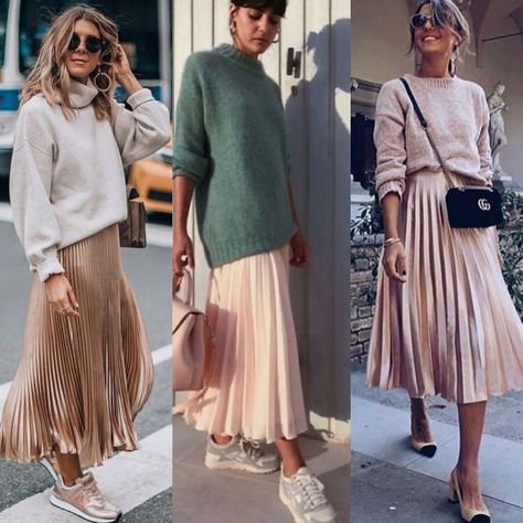 Pleated Skirt Styling Ideas, Pleated Maxi Skirt Outfit Fall, Plisse Skirt Outfit Winter, Plisse Skirt Outfit, Beige Pleated Skirt Outfit, Grey Pleated Skirt Outfit, Pleated Maxi Skirt Outfit, Pleated Midi Skirt Outfit, Midi Skirt Outfit Winter