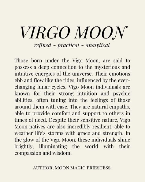 Your Moon Sign 🌚 Part 1 From ARIES ♈️ to Virgo ♍️ Your Moon sign profoundly influences your spiritual journey, shaping your deepest emotional responses, subconscious habits, and instinctual behaviors. It reveals how you nurture yourself and others, your intuitive inclinations, and what brings your soul nourishment and inner peace. Spiritually, your Moon sign guides your path to emotionally transformative growth, highlighting the lessons your soul needs to learn in this lifetime. For... Scorpio Sun Virgo Moon, Moon Sign Virgo, Virgo Moon Aesthetic, Scorpio Witch, Mercury In Scorpio, Virgo Moon Sign, Moon Vision Board, Mars In Virgo, Chloe Core