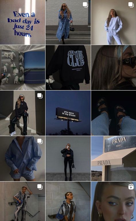 Dark Blue Instagram Feed, Blue Instagram Feed, Profile Instagram, Theme Dark, Blue Instagram, Insta Theme, Feed Layout, Prada Marfa, Instagram Feed Layout