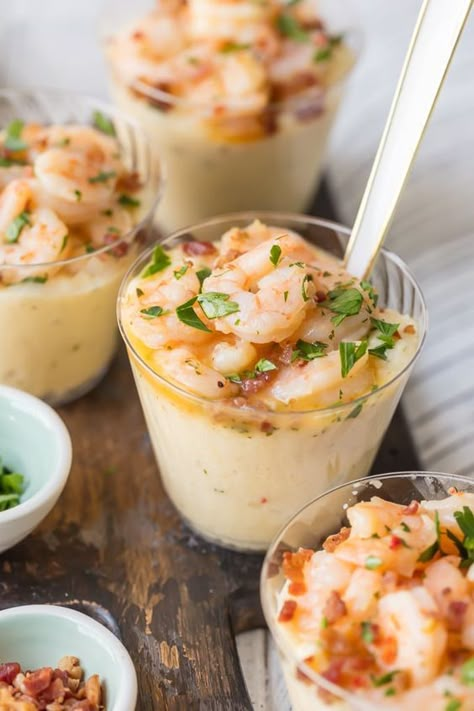 Shrimp and Grits Appetizer Cups (Garlic Butter Shrimp and Grits Recipe) - The Cookie Rookie® Masters Brunch, Cup Appetizers For Party, Shrimp And Grits Appetizer, Food Shooters, Grits Appetizer, Coastal Brunch, Brunch Dessert Ideas, Seafood Night, Easy Shrimp And Grits