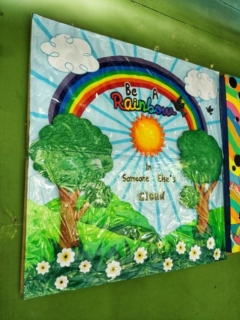 Rainbow 🌈 bulletin board, Monsoon season bulletin board Monsoon Bulletin Board Ideas, Nature Bulletin Boards, Bulletin Board Rainbow, Rainbow Bulletin Boards, July Month, Classroom Christmas Decorations, School Board Decoration, Monsoon Season, Classroom Christmas