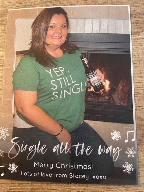 Single Christmas Photoshoot, Single Person Christmas Card, Christmas Cards For Single Women, Christmas Card Photo Ideas With Dog Single, Single Girl Christmas Card Ideas, Funny Christmas Cards Photo Ideas Single, Funny Single Christmas Card Ideas, Photoshopped Christmas Cards Funny, Single Christmas Card Funny