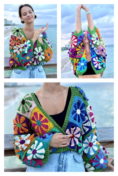 Daisy Granny Square Sweater Cardigan Crochet Pattern Large Granny Square Sweater, Bell Sleeve Pattern, Squared Clothes, Crochet Cardigan Free, Granny Square Sweater, Hippie Crochet, Crochet Crop Top Pattern, Crochet Summer Tops, Crochet Crop Top