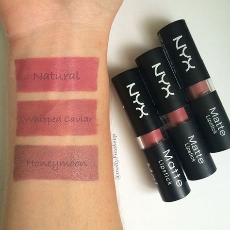 NYX Matte Lipsticks in Natural, Whipped Caviar, and Honeymoon. Follow my instagram @mellyfmakeup for more! Nyx Lip Gloss, Makeup Drugstore, Nyx Lipstick Matte, Nyx Matte, Redhead Makeup, Light Pink Lip Gloss, Nyx Lip, Nyx Lipstick, Make Up Inspiration