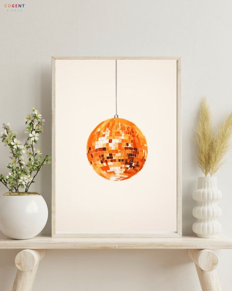 Orange Disco Ball, Ball Printable, Disco Ball Print, Disco Art, Wall Art Funky, Wall Art Eclectic, Art Disco, Disco Decorations, Art Funky