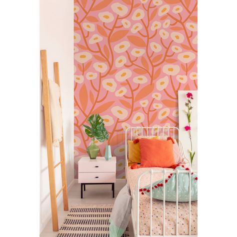 Georgia (Pink) Wallpaper Orange Peel Wall Texture, Wall Blush, Pink Accent Walls, Calming Aesthetic, Concrete Wallpaper, Retro Floral Pattern, Living Room Orange, Yellow Room, Bedroom Orange