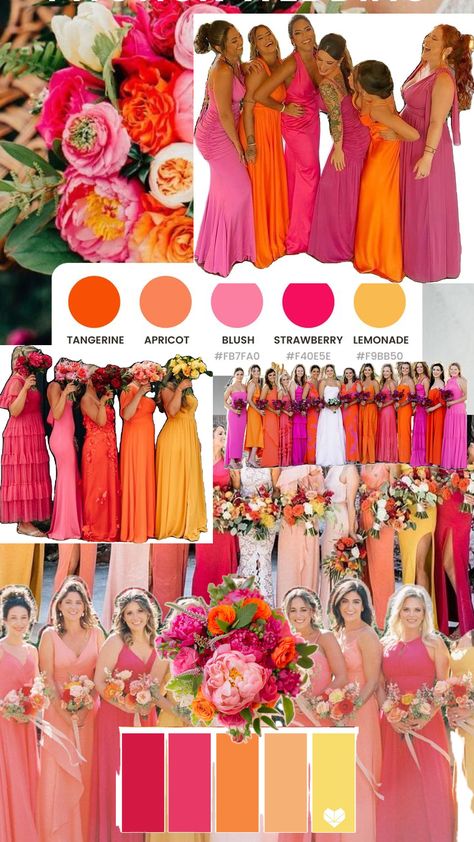 Bridesmaid Dresses Color Palette, Bridesmaid Dress Color Schemes, Bridesmaid Color Scheme, Pink Purple Wedding, Orange Wedding Themes, Orange And Pink Wedding, Bride Shower, Bridesmaid Colors, Yellow Bridesmaid Dresses