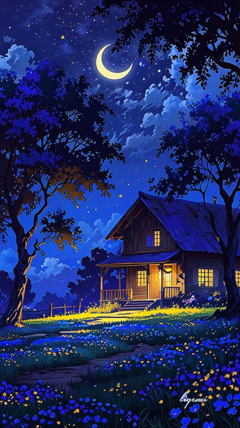 What dreams do you chase under the moonlight? ✨ 🌟 Follow: @gemilyly . . . #cabininthewoods #starrynight #moonlight #naturelovers #instaart #instaartist #aesthetic #artwork #illustration #conceptart #landscape #nature #sky #stars #cozyhome #dreamy #magical #night #house #chillhood #peaceful #vibes #aiart #digitalai #ligemi_ni Night Painting Moonlight, Lofi Art, Printable Wallpaper, Night House, Moonlight Art, Field Of Wildflowers, Aesthetic Artwork, Peaceful Vibes, Color Palette Ideas