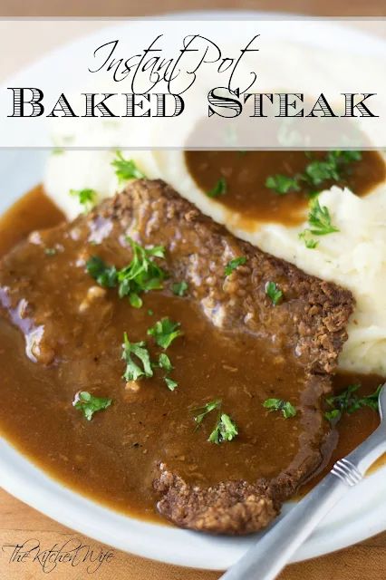 Instant Pot Baked Steak Recipe - The Kitchen Wife Cheap Steak Recipes, Baked Steak Recipe, Baked Steak Recipes, Recipes Using Hamburger, Crockpot Steak Recipes, Meat Cooking Times, Baked Steak, Steak Recipe, Instant Pot Dinner Recipes