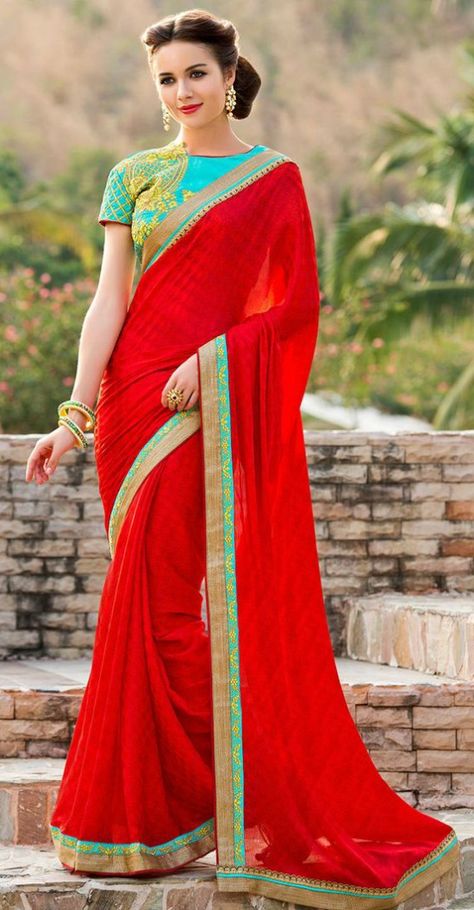 Red Chiffon Saree With Embroidery Blouse Diva Party, Party Saree, Bollywood Designer Sarees, Latest Silk Sarees, Party Wear Sarees Online, Latest Bridal Lehenga, Saree Blouse Neck Designs, Indian Designer Sarees, Bridal Lehenga Red