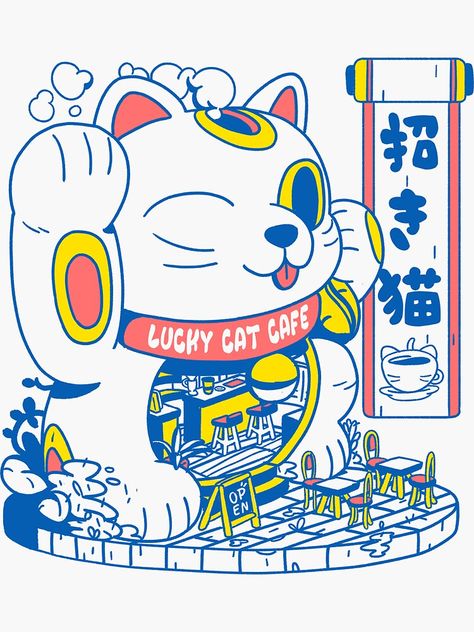 Lucky Cat Design, Sticker Illustration Design, Cat Poster Design, Cat Coffee Shop, Lucky Cat Illustration, Lucky Design, Hug Illustration, Asian Cat, Coffee Place