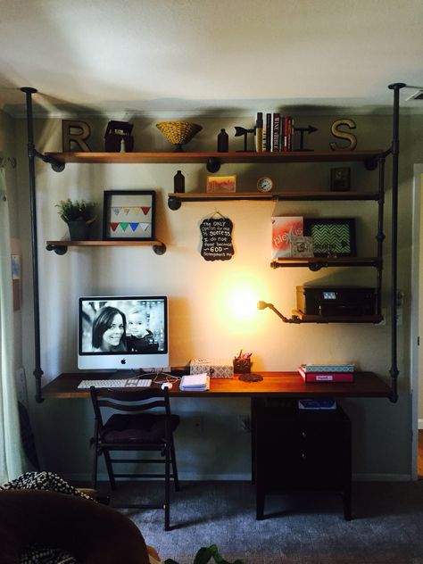 Love this steam punk desk the hubby built in our master bedroom. ❤️ Steam Punk Desk Ideas, Steam Punk Bedroom, Simple Apartment Decor, Simple Apartment, Desk Ideas, Industrial Shelving, Master Bedrooms, Steam Punk, Corner Bookcase