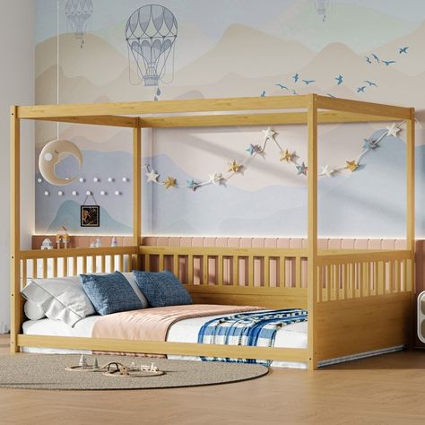 This wooden canopy bed is equipped with full-length support at the top. Canopy Floor Bed, Wooden Canopy Bed, Floor Bed Frame, Wooden Canopy, Floor Bed, Canopy Bed, Kids' Bed, Kids Bedroom Furniture, Kid Beds