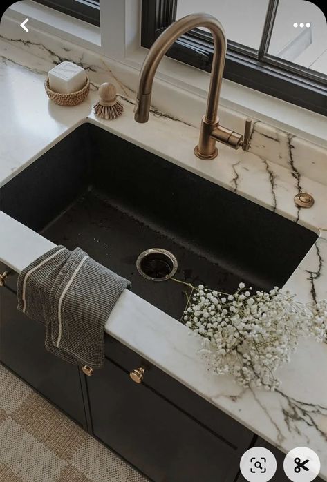 Black And Brass Kitchen, Queen Anne Victorian House, Gold Faucet, Black Kitchen Sink, Bronze Kitchen, Kitchen Sink Design, Brass Kitchen Faucet, Black Sink, Gold Kitchen