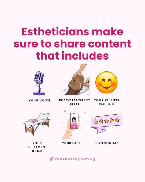 Meghan O’Brien on Instagram: "When sharing to your feed make sure to include these types of content! 💕  New to my content? Hi, I’m Meghan 🙋‍♀️the owner of @marketingwmeg . I help Estheticians grow an engaged community ready to book.   Since 2019 I’ve helped thousands of skincare professionals just like yourself grow online!  My philosophy is quality> quantity because let’s face it, marketing is just one of the many hats you wear as a spa owner.   I teach you how to build communities, not profiles.   Why?   Because we’re in the business of increasing bookings and online communities boost bookings! If you are an esthetician or spa owner struggling with your marketing and sales make sure to hit follow!  .  #estheticianreels #estheticianreel #estheticianreelideas #skincarereels #skincarecomm Esthetician Knowledge, Esthetician Content, Skincare Marketing, Facial Esthetician, Medical Spa Marketing, Esthetician Inspiration, Esthetician School, Esthetician Instagram, Therapy Business