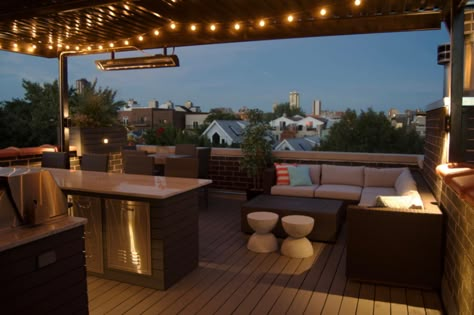 Rooftop Deck With Landscape Lighting, BBQ, and Outdoor Heater - Lakeview, Chicago - Urban Rooftops - Chicago Roof Decks Bbq On Deck, Roof Gym, Second Floor Patio, Roofdeck Ideas, Rooftop Deck Design, Garage Roof Deck, Deck Heater, Rooftop Deck Ideas, Roof Top Patio