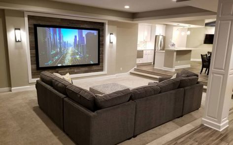 5 Fixed - Screen Innovations Family Room With Projector Screen, Basement With Projector, Basement Projector Wall Ideas, Projector Screen Living Room, Craftsman Family Room, Basement Entertainment Center, Projector Screen Ideas, Dark Brown Sofa, Projector Screens