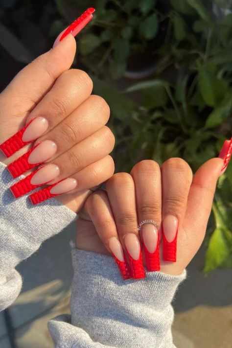 Coffin French Tip Nails, Nails Form, Coffin French Tip, Red French Nails, French Nail Ideas, Tip Nail Designs, Long Red Nails, Tapered Square Nails, Acrylic Toe Nails