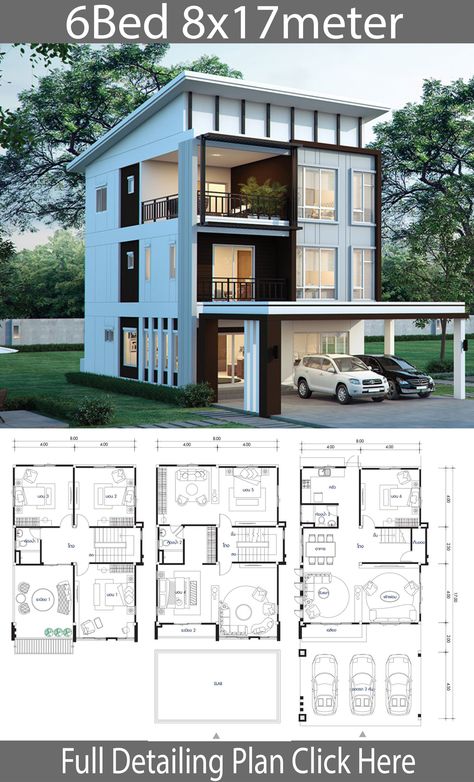 Home Design Plan 11x13m With 3 Bedrooms - Home Design With Plan F7A House Plans Modern, 6 Bedroom House Plans, Modern House Floor Plans, Two Story House, Sims House Plans, House Construction Plan, House Layout Plans, Model House Plan, Duplex House Design