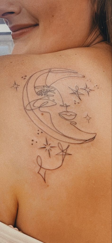 Contour line moon tattoo with a woman’s face surrounded by different types of stars. Half Moon Face Tattoo, One Line Moon Tattoo, Moon Tattoo With Face, Moon With Face Tattoo, Moon Face Tattoo, Moon Sun Tattoo, Face Outline, Face Profile, Sibling Tattoos