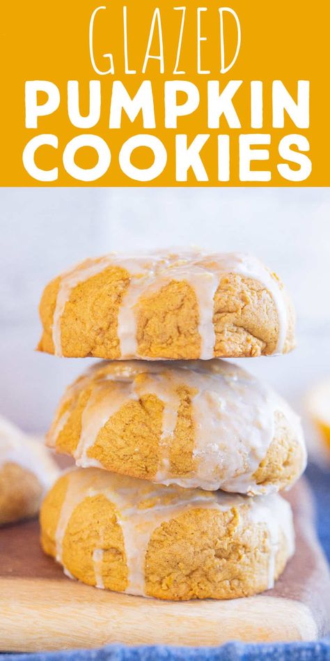 These Soft Pumpkin Cookies with Orange Glaze have a delicious cake-like texture and they're perfectly moist! The cookies are full of festive pumpkin flavors and the orange glaze is sweet and tangy. These pumpkin cookies are a perfect, kid friendly treat for Halloween, Fall or Thanksgiving. #pumpkincookies #cookierecipe #thanksgivingtreat #softcookies Glaze For Pumpkin Cookies, Pumpkin Cookies With Glaze Icing, Cookies Orange, Soft Pumpkin Cookies, Cookie Glaze, Pumpkin Spice Cookies, Orange Cookies, Orange Glaze, Pumpkin Chocolate Chip Cookies