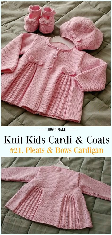 Pleats & Bows Cardigan Free Knitting Pattern - #Knit Kids #Cardigan Sweater Free Patterns Baby Cardigan Knitting Pattern Free, Kids Knitting Patterns, Baby Cardigan Pattern, Knitting Patterns Free Sweater, Baby Boy Knitting Patterns, Knit Baby Dress, Baby Sweater Patterns, Baby Sweater Knitting Pattern