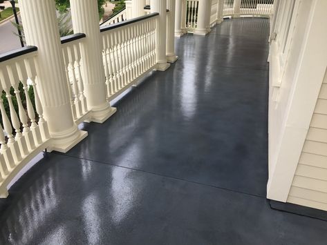 Stained Concrete Porch - Color: Medium Gray Black Concrete Porch, Concrete Patio Stain Ideas, Stained Front Porch, Patio Stain Ideas, Concrete Patio Stain, Modern Ranch Remodel, Back Porch Oasis, Black Front Porch, Stained Porch