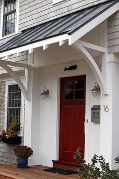 40 Lovely Door Overhang Designs - Bored Art Front Door Overhang, Front Door Awning, Black Metal Roof, Door Overhang, Pergola Roof, Porch Awning, Patio Pergola, Porch Roof, Door Awnings