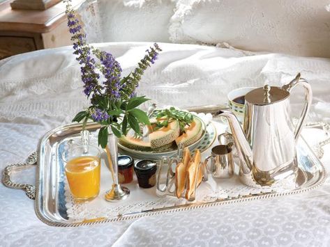 Cultural Meals, Royal Breakfast, Guest Basket, Anthropologie Rug, Breakfast In Bed Tray, Auction Decor, Hotel Aesthetic, Silver Serving Trays, Background Reference