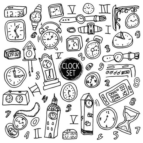 Doodle watch clock icons hand drawn time Vector Image Cute Clock Drawing, Time Drawing Clock, Alarm Drawing, Clock Drawing Simple, Doodle Watch, Clock Doodle, Clocks Aesthetic, Time Doodle, Icons Hand Drawn