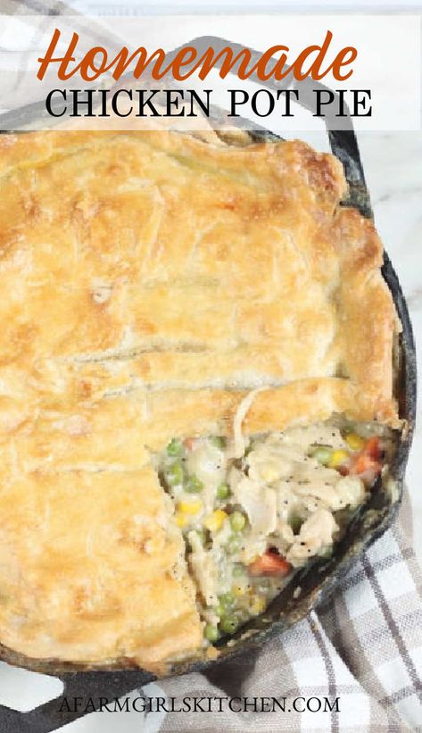 Homemade Chicken Pot Pie is a double flaky pie crust filled with shredded chicken, chopped onions, carrots, peas, in a creamy sauce. #chickenpotpie #potpie #chicken #comfortfood #dinner #Sundaysupper #chicken #homemade #piecrust Cast Iron Chicken Pot Pie, Cast Iron Skillet Recipes Dinner, Easy Chicken Pot Pie Recipe, Best Chicken Pot Pie, Cast Iron Chicken, Chicken Pot Pie Filling, Homemade Chicken Pot Pie, Chicken Pot Pie Recipe, Pot Pie Filling