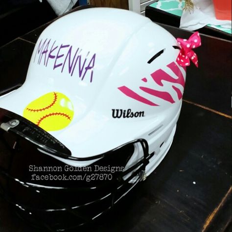 Personalized Softball Helmet Yep, we put a bow on it (: Softball Pitching Drills, Softball Decorations, Softball Decals, Softball Helmet, Softball Gear, Softball Crafts, Helmet Designs, Cleveland Indians Baseball, Softball Outfits