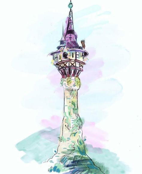 Rapunzel's Tower Drawing, Tangled Tower Painting, Repunzal Tangled Aesthetic Drawing, Rapunzel Tower Tattoo, Rapunzel Castle Drawing, Rapunzel Tower Painting, Tangled Tower Drawing, Rapunzel Tower Drawing, Tangled Watercolor