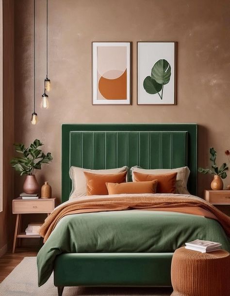 Emerald Green Bed Frame with Natural Terracotta Headboard Green Bed Frame Room, Green Fabric Bed Frame, Green Velvet Bed Bedroom Ideas, Dark Green Orange Bedroom, Emerald Green Headboard Bedroom Ideas, Terracotta Headboard, Emerald Green Bed Frame, Dark Green Velvet Bed, Dark Green Bed Frame