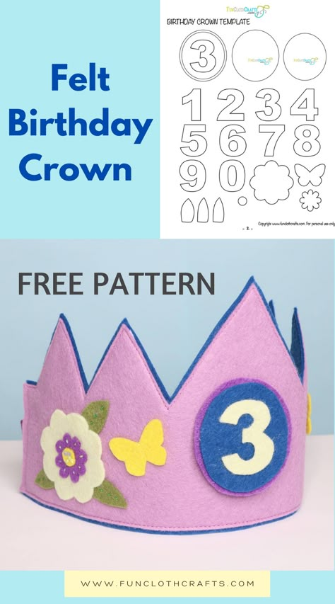 Felt Birthday Crown with free felt pattern | Purple felt crown with number 3 and a flower and butterflies Preschool Birthday Crown, How To Make A Felt Crown, Diy 1st Birthday Crown, Waldorf Birthday Crown Diy, Felt Crown Template, Crown Pattern Template Free Printable, Birthday Crown Template Free Printable, Diy Birthday Crown For Girl, How To Make A Birthday Crown