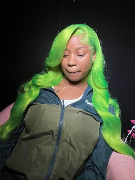 Green Frontal Wig Install, Lime Green Wig Install, Lime Green Wig Black Women, Light Green Wig, Green Wigs Black Women, Vacay Hairstyles, Colourful Wigs, Green Hairstyles, Green Wigs