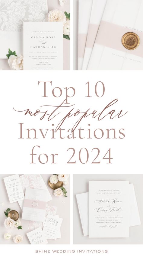 Discover the top 10 wedding invitations for 2024. Get inspired by the latest trends and stunning designs handpicked by 2024 brides. Each design has various color options and embellishments like vellum, wax seals, and belly bands that can be customized for any wedding theme. Find the perfect invites to make your wedding day unforgettable. Wedding Invitations 2024 Trends, Wedding Invitation Trends 2024, Over The Top Wedding, Wedding Trends 2024, Popular Wedding Invitations, Timeless Wedding Invitations, Shine Wedding Invitations, Wedding Invitation Styles, Wedding Invitation Fonts