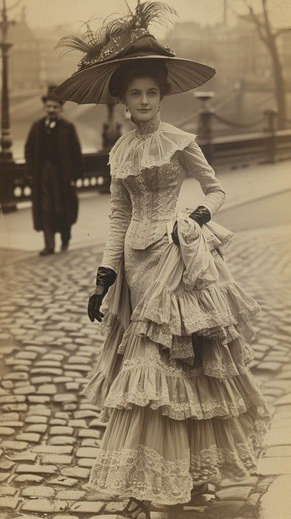 This photograph captures the essence of a bygone era, featuring a lady dressed in a splendid vintage gown taking a stroll along a cobblestone street. Adorned with intricate ruffles and layered fabric, the dress exemplifies the exquisite fashion sensibilities of the time. A wide-brimmed hat decorated with feathers adds a touch of aristocracy to her ensemble, while her gloved hands and poised demeanor suggest a world where elegance and decorum reigned supreme. Behind her, the hint of a cityscape a 1900s Fashion Women Dresses, Fashion 1900 Women, Women’s Vintage Fashion, Vintage Gowns Victorian, Vintage France Aesthetic, Victorian Women Fashion, Late Victorian Fashion, Vintage Dresses 1800, Early 1900s Fashion