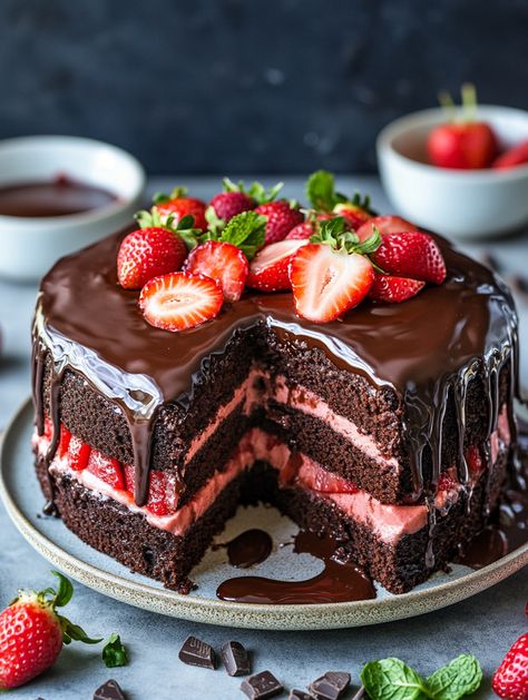 𝗖𝗵𝗼𝗰𝗼𝗹𝗮𝘁𝗲 𝗖𝗮𝗸𝗲 𝘄𝗶𝘁𝗵 𝗦𝘁𝗿𝗮𝘄𝗯𝗲𝗿𝗿𝘆 𝗙𝗶𝗹𝗹𝗶𝗻𝗴 🍫🍓  🍫 𝗜𝗻𝗴𝗿𝗲𝗱𝗶𝗲𝗻𝘁𝘀 🍫 For the Cake: 2 large eggs, at room temperature 1 cup sugar ⅓ cup oil (vegetable oil or sunflower oil) ½ cup yogurt 2 tablespoons milk 1 teaspoon vanilla extract 1 cup + 2 tablespoons all-purpose flour ½ cup unsweetened cocoa powder 1 teaspoon baking powder ½ teaspoon baking soda A pinch of salt For the Chocolate Ganache: 160ml heavy cream 160g chocolate chips or chopped chocolate Chocolate Strawberry Torte, Strawberry Chocolate Chip Cake, Chocolate Berry Cake Decoration, Chocolate Strawberry Roll Cake, Chocolate Cake With Fresh Strawberries, Beautiful Strawberry Cake, Easy Chocolate Strawberry Cake, Strawberry Cake Chocolate Frosting, Strawberry Cake With Chocolate Frosting