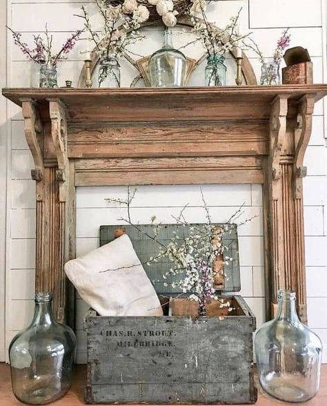 How to Decorate with Fireplace Mantels | Hammers N Hugs Farmhouse Fireplace Mantels, Antique Fireplace Mantels, Faux Fireplace Mantels, Fake Fireplace, Antique Vintage Decor, Faux Fireplace Diy, Wooden Fireplace, Vintage Fireplace, Old Fireplace