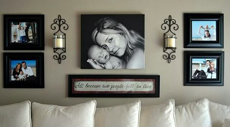 Maybe for over the bed in the master bedroom or living room. Engagement or wedding pictures in the frames and maybe a "B" in the middle. Display Family Photos, Above Couch, Collage Ideas, Salou, Wall Ideas, Inspiration Wall, New Wall, Decor Rustic, Photo Displays