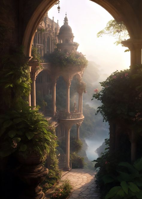 Nature Castle Aesthetic, Greek Palace Concept Art, Elven Castle Interior, Elfhame Palace Aesthetic, Palace Of Elfhame, Fairy World Aesthetic, Fae Castle, Elven Palace, High Fantasy Aesthetic