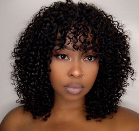 Curly Short Crochet Hairstyles, Short Curly Hair With Fringe Bangs, Short Curly Wig With Bangs, Shoulder Length Black Curly Hair, Curly Crochet With Bangs, Coily Hair Bangs, Crochet Curly Hair With Bangs, Curly Hair Bangs Black Women, 3c Curly Hair With Bangs