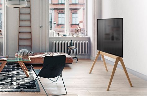 NEXT OP2 TV Floor stand| Vogel's Tv Floor Stand Ideas, Tv Holder Ideas, Simple Wood Bed Frame, Scandinavian Tv Stand, Tv Stand Minimalist, Scandinavian Tv, Standing Tv, Floor Tv Stand, Tv Holder