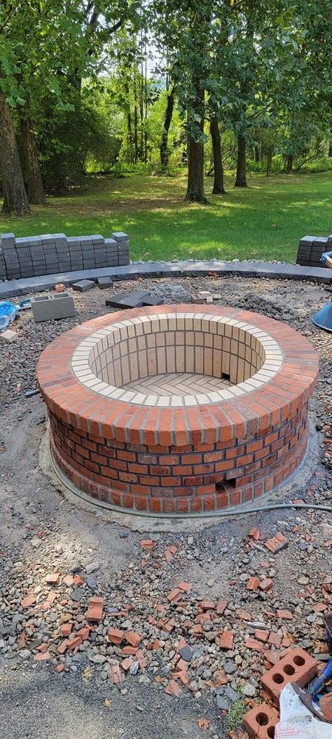 Brick Walkway To Fire Pit, Fire Pit Made With Bricks, Herringbone Brick Patio With Fire Pit, Square Brick Fire Pit, Circular Brick Fire Pit, Bonfire Ideas, Concrete Patio Makeover, Outside Fire Pits, Brick Fire Pit