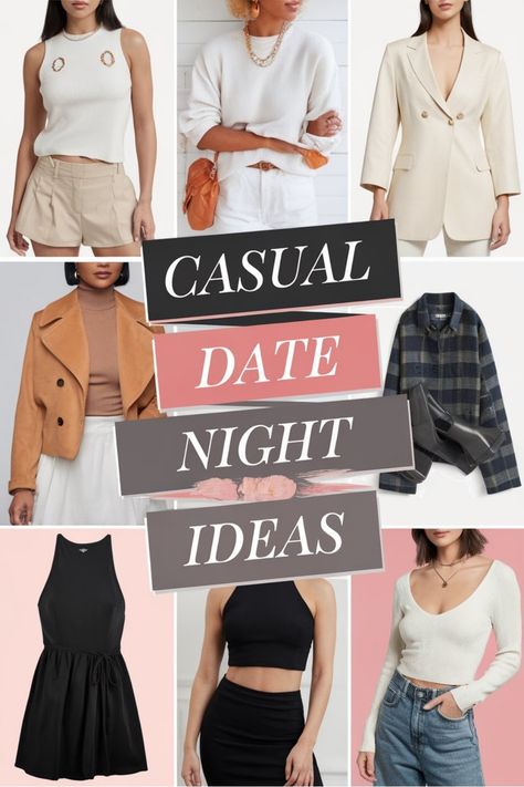 Fashion collage showcasing casual date night outfit ideas, including tops, blazers, skirts, and dresses in neutral and black tones. Blind Date Outfit Casual, Edgy Date Night Outfit, Small White Handbag, Edgy Leather Jacket, Flowy Skirts, Casual Date Night Outfit, Date Night Outfit Ideas, Night Outfit Ideas, Cozy Oversized Sweaters