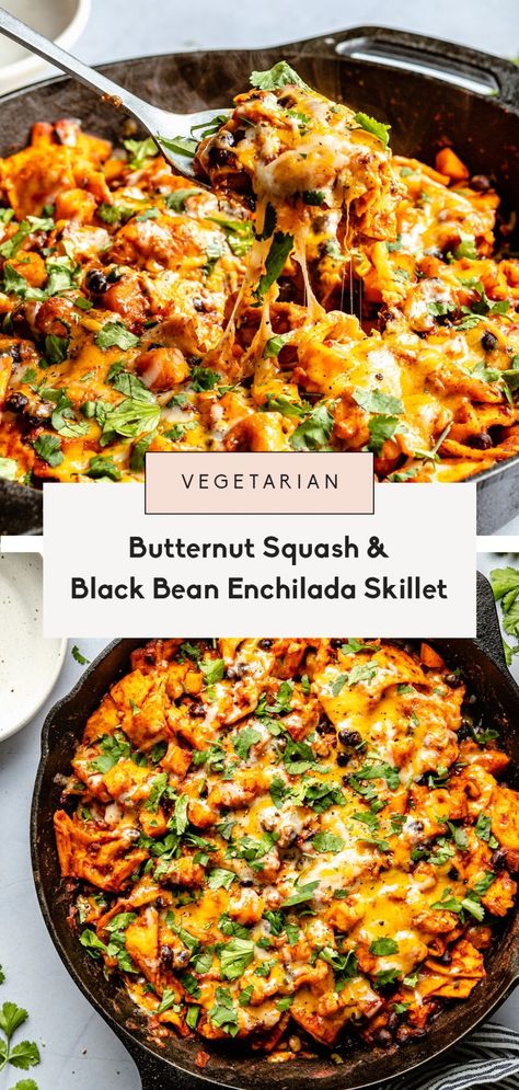 Flavorful butternut squash and black bean enchilada skillet filled with fiber and protein for a delicious dinner the whole family will love. This easy vegetarian enchilada skillet comes together in 30 minutes and is great for meal prep! Vegetarian Recipes For College Students, Filling Veggie Meals, Non Dairy Pescatarian Recipes, Vegetable Rich Meals, Fiberous Meals, Meatless Protein Meals, Quick And Easy Vegetarian Dinner Recipes, Wfpb Meal Prep, Quick Easy Vegetarian Dinner