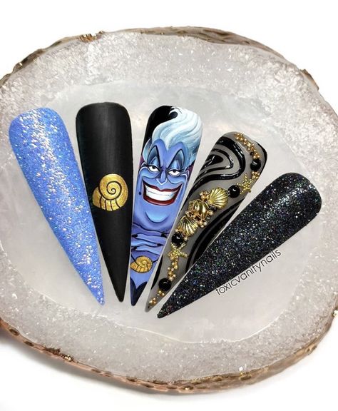 Ursula Inspired Nails, Ursula Nails Disney, Ursula Nail Art, Long Nails With Rhinestones, Nails With Drawings, Ursula Nails, Matte Manicure, Disney Themed Nails, Acrylic Nail Designs Classy