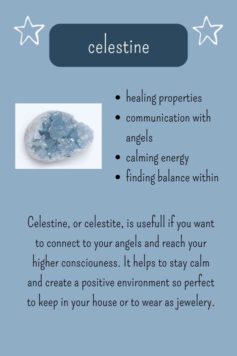 The meaning of celestine/celestite. #crystals #celestine Celestine Crystal Meaning, Celestite Crystal Meaning, Chloe Core, Celestine Crystal, Celestite Crystal, Magical Realism, Pretty Rocks, Crystal Healing Stones, Season Of The Witch